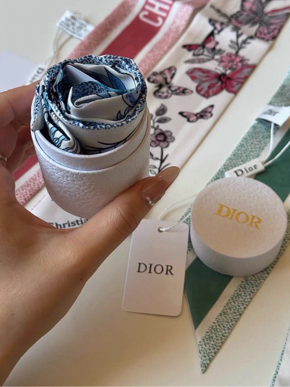 Dior Parfums Collection Silk Butterfly Neck Scarves - Blue, Green or Pink - Picture 3 of 6